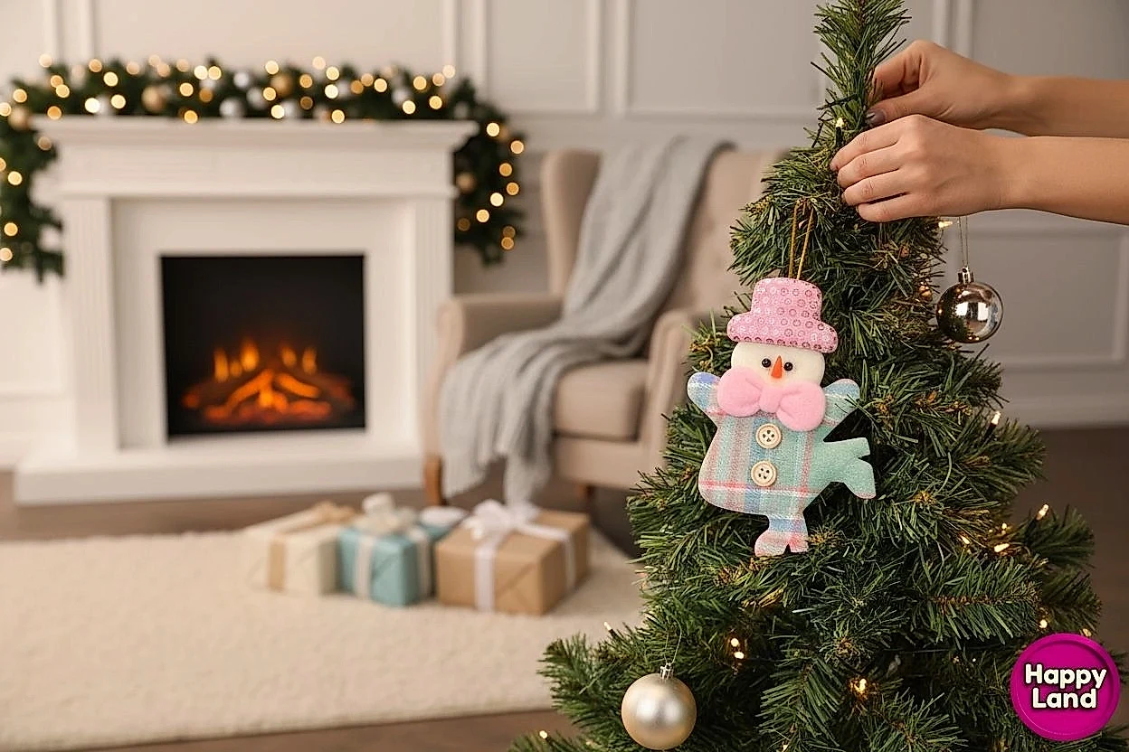 Happyland Yılbaşı Ağacı Süsü Kardanadam Düğmeli Makaron Yeşil Renk Asma Süs 15cm Noel Dekor HPY26045