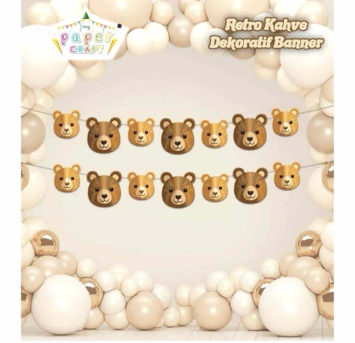 Happyland Ayıcık Karakterli Dekoratif Banner Duvar Süsü Retro Ayı Konsept Doğum Günü Parti Süsleri