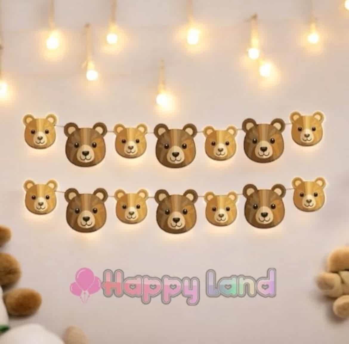 Happyland Ayıcık Karakterli Dekoratif Banner Duvar Süsü Retro Ayı Konsept Doğum Günü Parti Süsleri