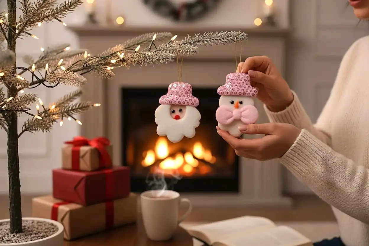 Happyland Yılbaşı Ağacı Süsü Noel Baba Kardanadam 2’li Makaron Pembe Peluş Asma Süs 10 cm HPY26046