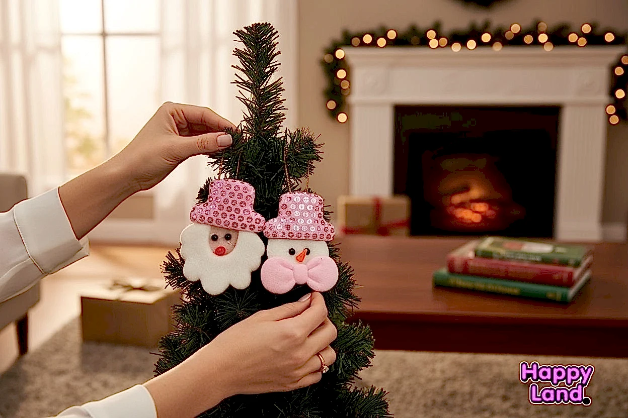 Happyland Yılbaşı Ağacı Süsü Noel Baba Kardanadam 2’li Makaron Pembe Peluş Asma Süs 10 cm HPY26046