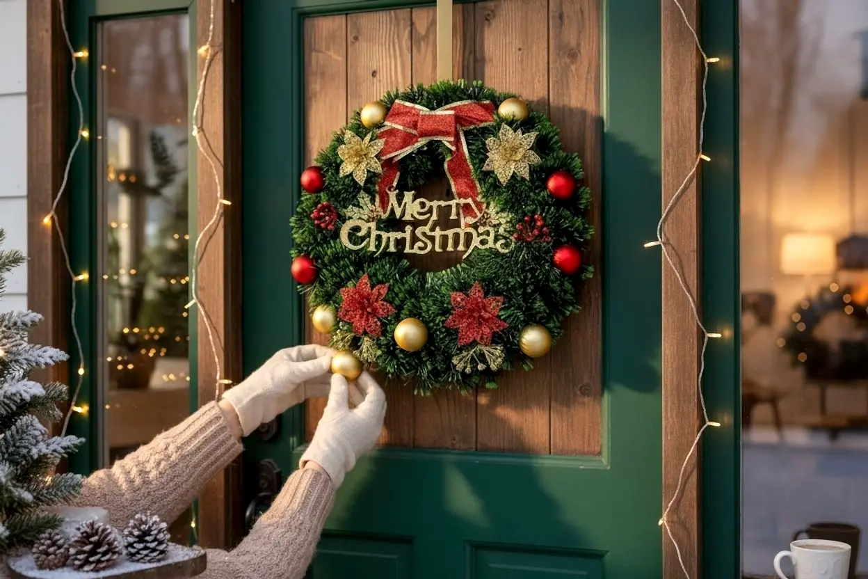 Happyland Yılbaşı Kapı Süsü Çelenk Kapı Çelengi Merry Christmas 35 cm Yılbaşı Çelenk Ev Dekor HPY6