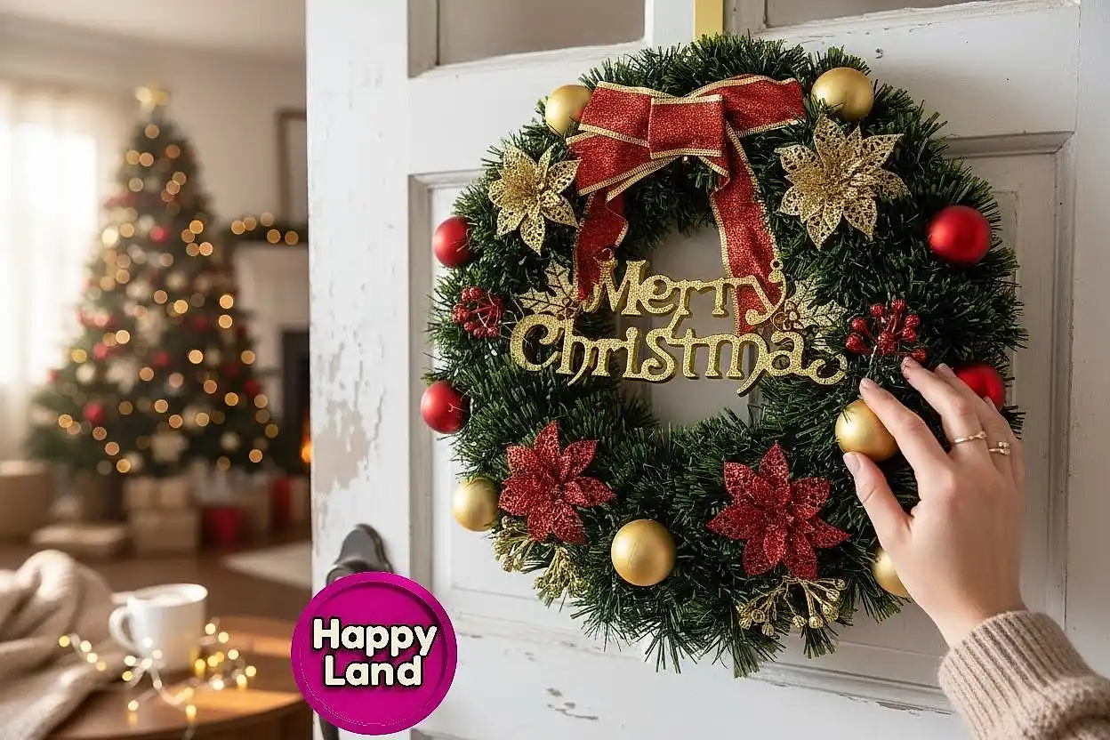 Happyland Yılbaşı Kapı Süsü Çelenk Kapı Çelengi Merry Christmas 35 cm Yılbaşı Çelenk Ev Dekor HPY6