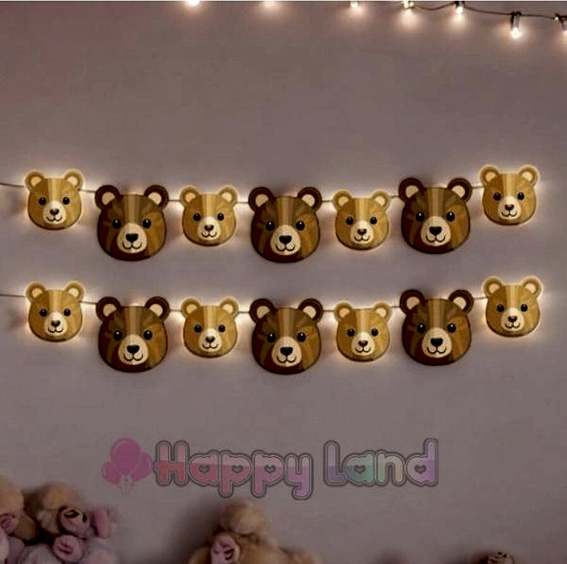 Happyland Ayıcık Karakterli Dekoratif Banner Duvar Süsü Retro Ayı Konsept Doğum Günü Parti Süsleri