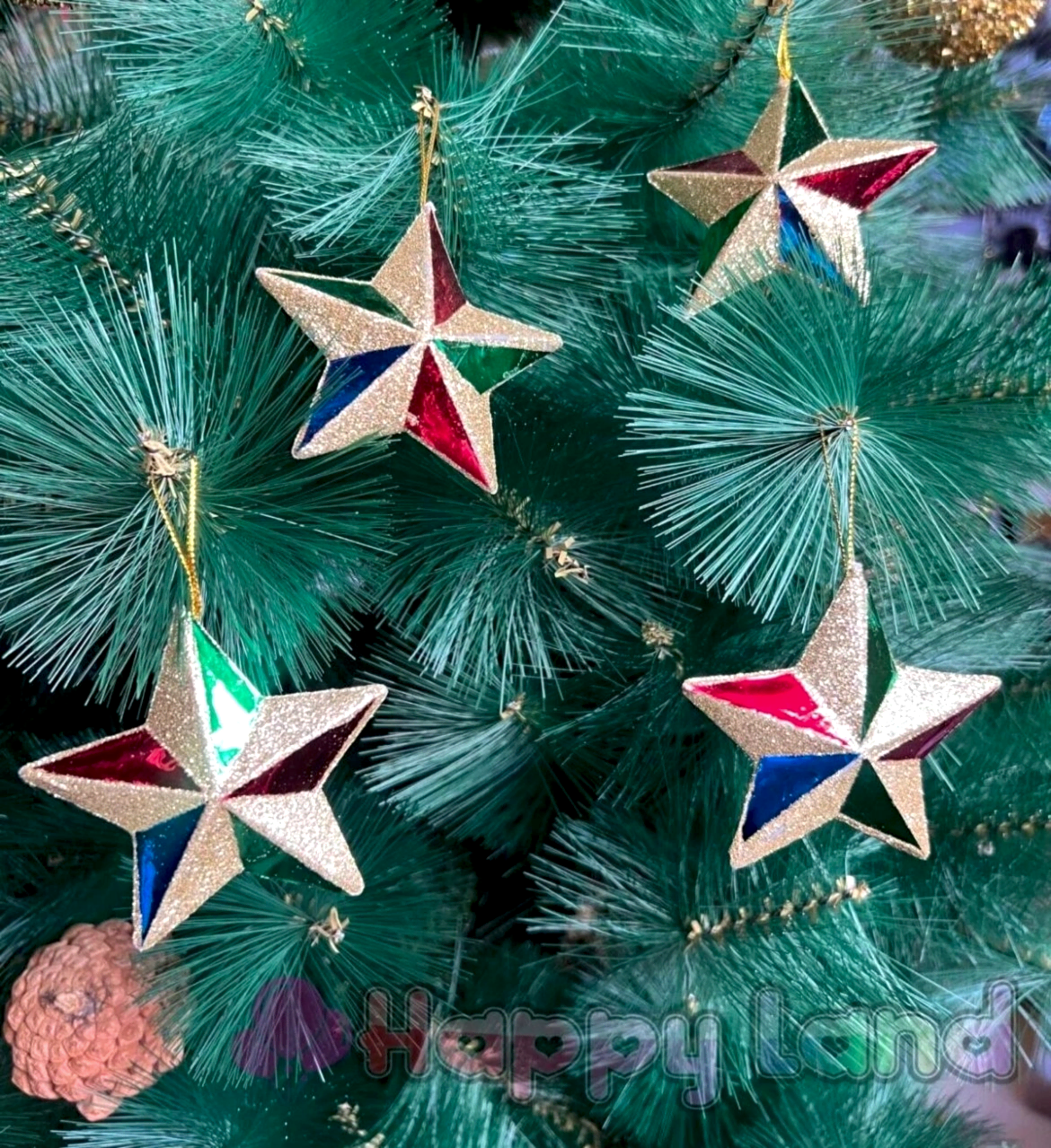Happyland Yılbaşı Çam Ağacı Süsü 4’lü  Renkli Simli Yıldız Süs 7 Cm Yılbaşı Yıldız Süs