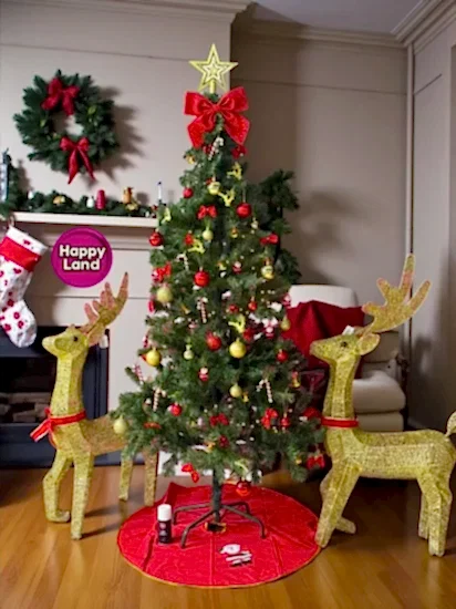 Happyland 180 Cm Yılbaşı Çam Ağacı Seti 5mSarı LedIşıklı 67’li Kırmızı Gold Yılbaşı Seti , KarSpreyi