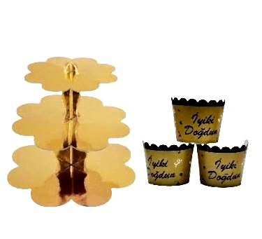 Happyland Gold Kek Standı +Gold-Siyah&nbsp;İyiki Doğdun&nbsp;Kek Kapsülü 2’li Set