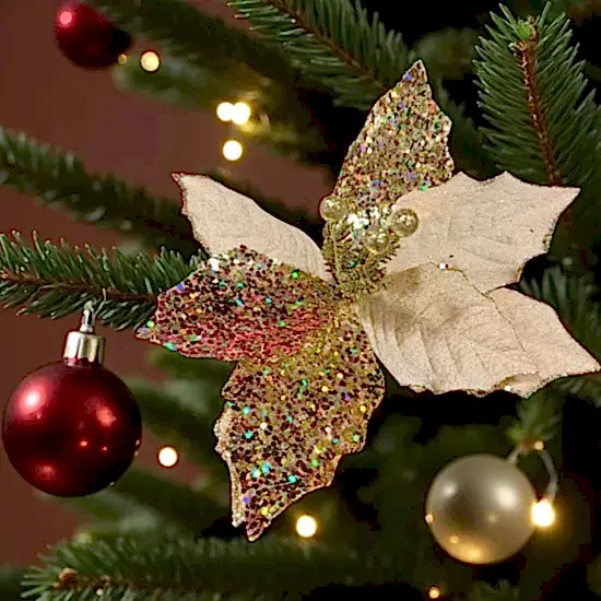 Happyland Yılbaşı Ağacı Süsü Gold Simli Ponsetya Çiçek 28 CM