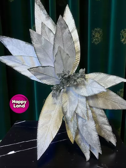 Happyland Yılbaşı Süsü Yapay Simli Papatya Ponsetya Gümüş 60 cm Büyük Boy Atatürk Çiçeği HPY26082