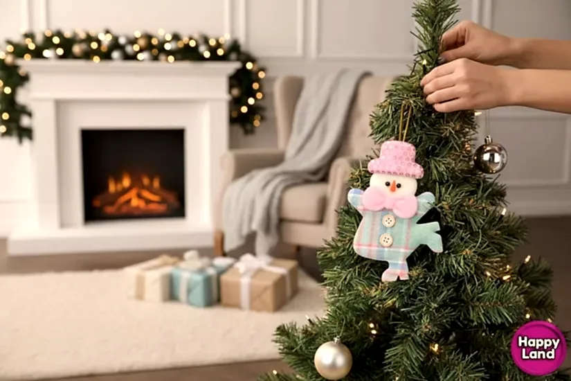 Happyland Yılbaşı Ağacı Süsü Kardanadam Düğmeli Makaron Yeşil Renk Asma Süs 15cm Noel Dekor HPY26045