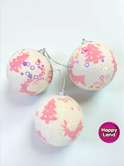 Happyland Yılbaşı Ağacı Süsü Beyaz PembeGeyik ve Ağaç Desenli 3 Adet 8cm Köpük Yılbaşı Topu HPY26055
