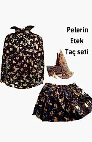 Happyland Halloween  Siyah Üzeri Altın Renk Pelerin Etek Tokalı Taç Set 3 Parça Bebek Çocuk Uyumlu