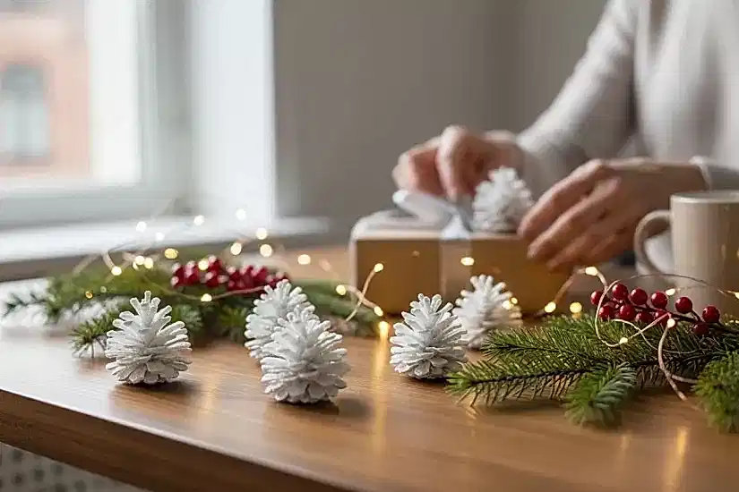 Happyland Yılbaşı Ağacı Süsü Beyaz Simli Kozalak 6’lı YıLbaşı Kozalak Süs 5 cm HPY26057