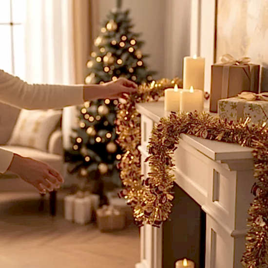 Happyland Yılbaşı Süsü Süslü Tinsel Garland Sim 2 m Gold Renk Noel Babalı Model