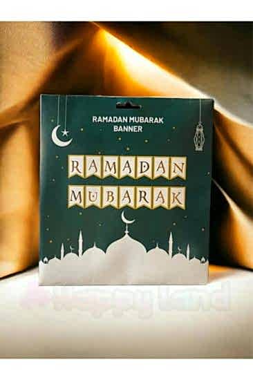 HappylandRamazan Ayı Ramadan Mubarak Yazısı Beyaz Gold Renk Ramazan Süsleri Dekor Yazı