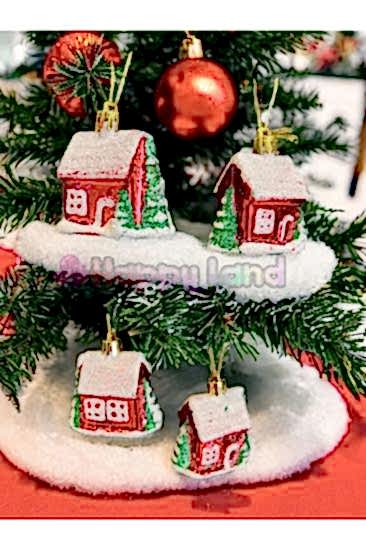 Happyland Yılbaşı Çam Ağacı Süsü 4 Adet Kırmızı Ev Şeklinde Süs 6Cm Yılbaşı Ağacı Süs Ev Yeni Yıl