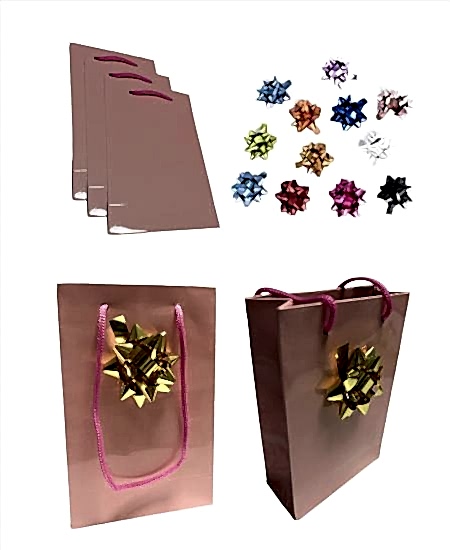 Happyland Karton Hediye Çantası Toz Pembe Renk 25’Li+ Renkli Yapışkanlı Yıldız Fiyonk 25’Li