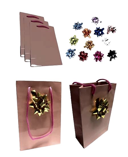 Happyland Karton Hediye Çantası Toz Pembe Renk 10’lu + Renkli Yapışkanlı Yıldız Fiyonk 10’lu