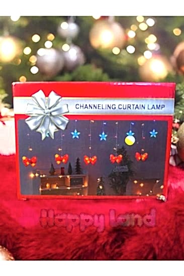 Happyland Perde Led Işık Yılbaşı NoelBaba Fiyonk Hediye Paketi FigürlüSaçaklıGünışığı