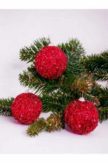 Happyland Yılbaşı Çam Ağacı Süsü Lüks 3 Adet Pullu Parıltılı Kırmızı Rengi Büyük Boy Yılbaşı Topu 