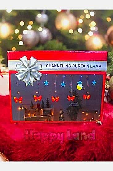 Happyland Perde Led Işık Yılbaşı NoelBaba Fiyonk Hediye Paketi FigürlüSaçaklıGünışığı