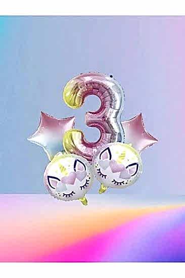 Happyland Unicorn 3 Yaş Rakam Balon Seti Unicorn Konsept Doğum Günü Balon Seti