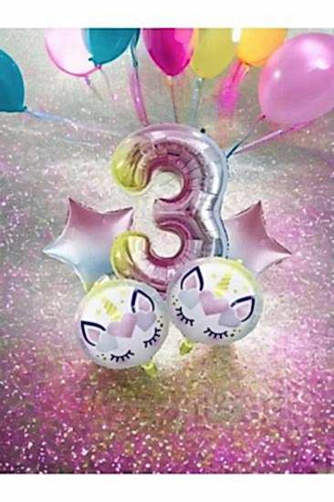 Happyland Unicorn 3 Yaş Rakam Balon Seti Unicorn Konsept Doğum Günü Balon Seti