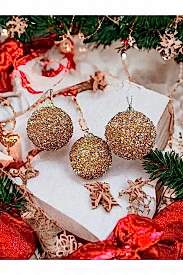 Happyland Yılbaşı Çam Ağacı Süsü Lüks 3 Adet Pullu Parıltılı Şampanya Rengi Büyük Boy Yılbaşı Topu