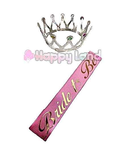 Happyland Pembe Üzeri Gold Bride To Be Yazılı Kuşak Ve Gümüş Taç Seti