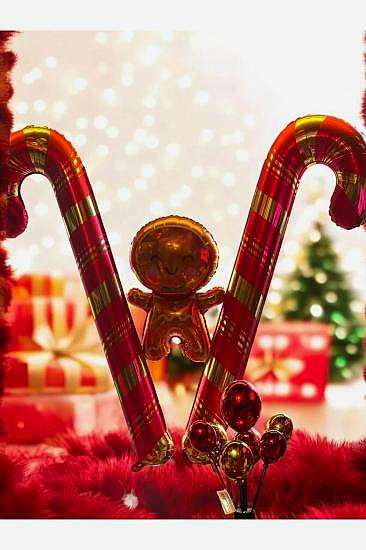 Happyland 2 Adet Yılbaşı Baston Şeker Kamışı Büyük Folyo Balon ve Gingerbread Folyo Balon Seti (3)