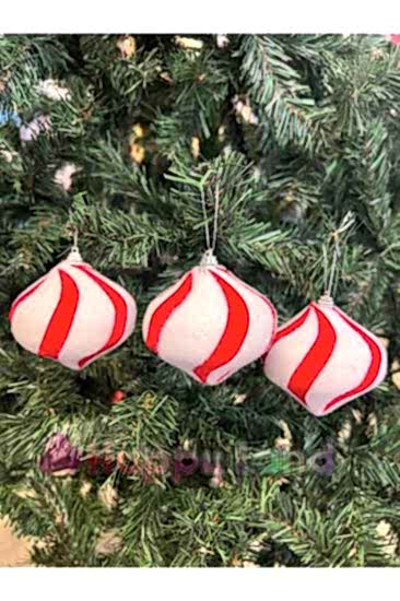 Happyland Yılbaşı Çam Ağacı Süsü 3 Adet Kırmızı Beyaz Çizgili Model Cici Top Süs 6 cm Yılbaşı Topu 