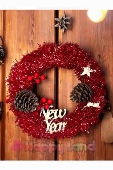 Happyland Yılbaşı Kırmızı Metalize Süslü Çelenk Kapı Süsü 27 cm