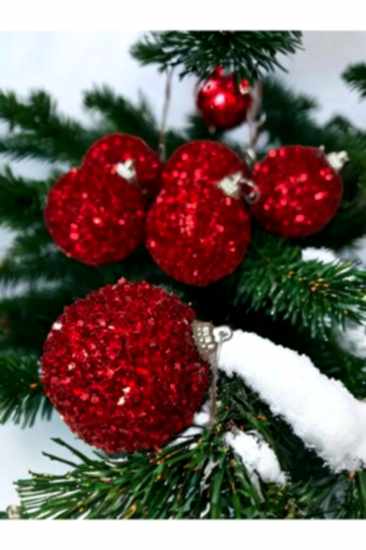 Happyland Yılbaşı Ağacı Çam Ağacı Süs Pullu Simli Model 6 Adet Yılbaşı Topu 6 cm Cici Top 