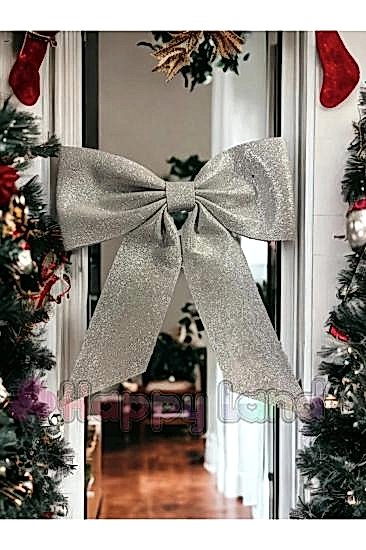 Happyland Yılbaşı Gümüş Kapı Sofra Ağaç Süsü Simli Eva Fiyonk Dekor Yılbaşı Süs 30x30 cm Gümüş