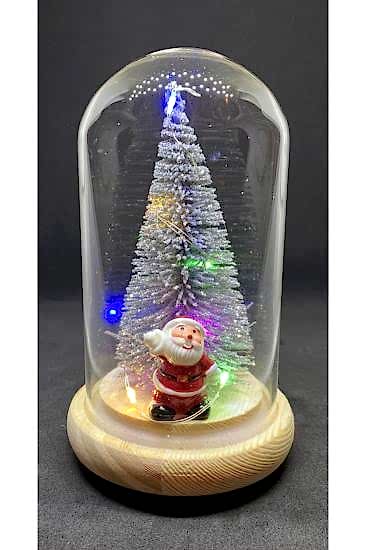 Ahşap Taban Cam Fanus Işıklı Dekoratif Yılbaşı Ağacı