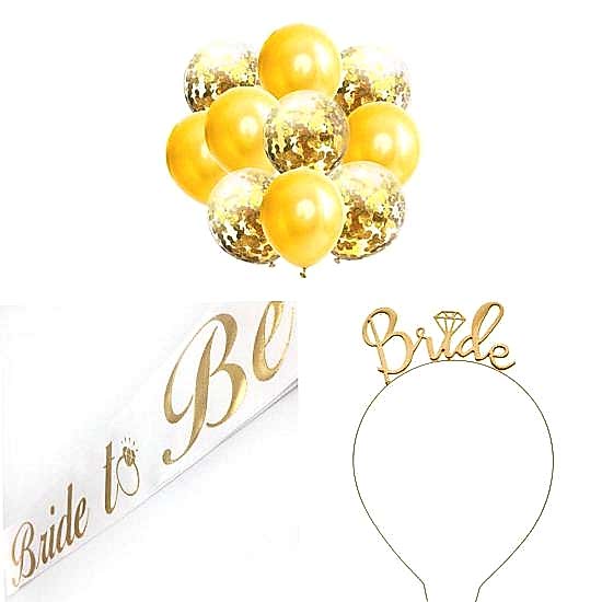 Happyland Bride To Be Bekarlığa Veda Beyaz Gold Taç Kuşak Balon 3’lü Set