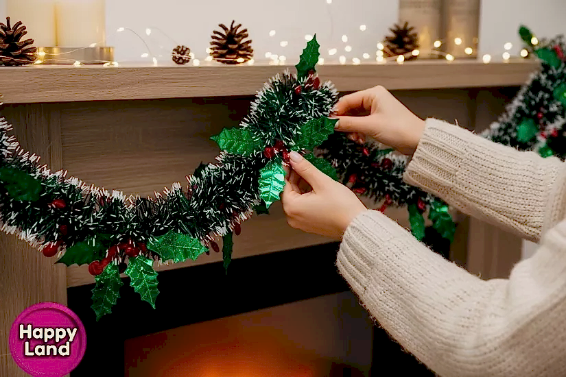 Happyland Yılbaşı Süsü Karlı Süslü Tinsel Garland Sim 2 m Yeşil Renk Kirazlı Model HPY-4