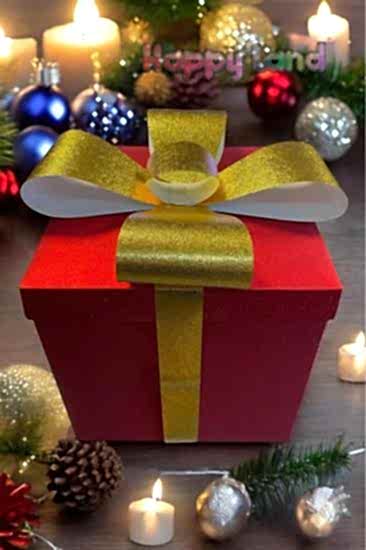 Yılbaşı Hediye Kutusu Simli Kurdeleli Kendin Yap Model Kırmızı 25x25x25 cm