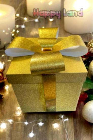 Yılbaşı Hediye Kutusu Simli Kurdeleli Kendin Yap Model Gold 30x30x30 CM