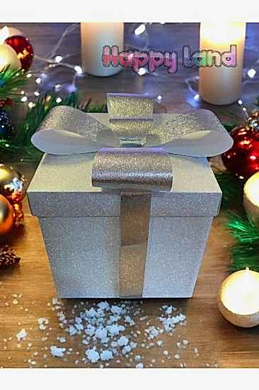 Yılbaşı Hediye Kutusu Simli Kurdeleli Kendin Yap Model Gümüş 30x30x30 CM