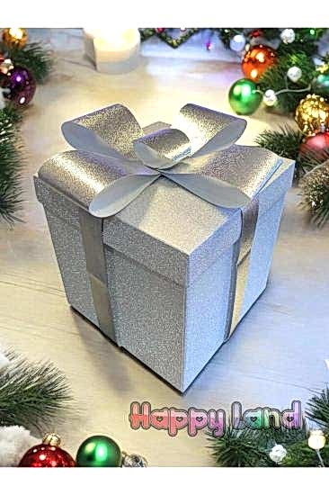 Yılbaşı Hediye Kutusu Simli Kurdeleli Kendin Yap Model Gümüş 25x25x25 CM