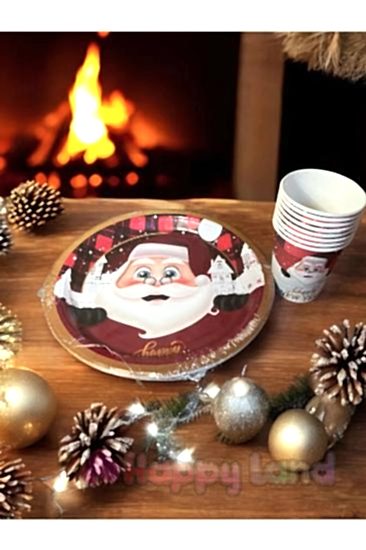Yılbaşı Noel Baba Desenli Tabak Bardak Yılbaşı Temalı Tabak Bardak Seti