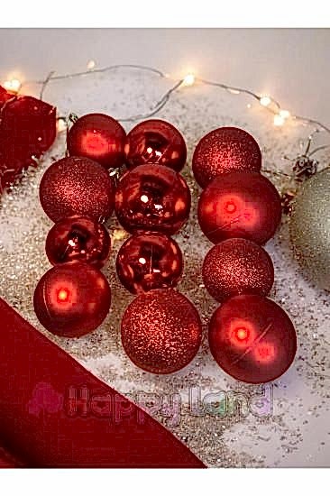 Yılbaşı Ağacı Süsü 12  adet Kırmızı Yılbaşı Topu Seti (6 ADET 8 CM & 6 Adet 6 cm )