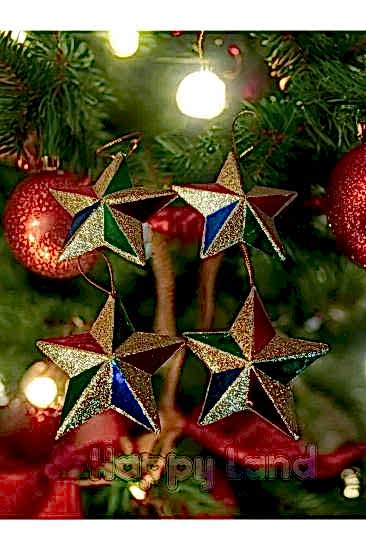 Yılbaşı Çam Ağacı Süsü 4’lü  Renkli Simli Yıldız Süs 7 Cm Yılbaşı Yıldız Süs