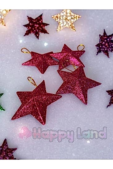 Yılbaşı Çam Ağacı Süsü 4’lü  Pembe Renk  Simli Yıldız Süs 7 Cm Yılbaşı Yıldız Süs