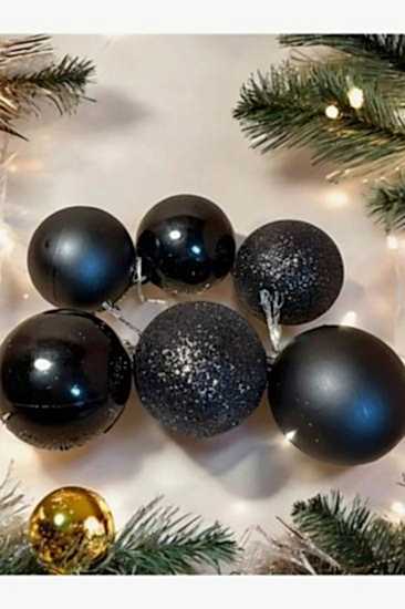 Yılbaşı Ağacı Süsü 6 Adet 4 Cm Siyah Renk Yılbaşı Topu Yılaşı Çam Ağacı Süsü
