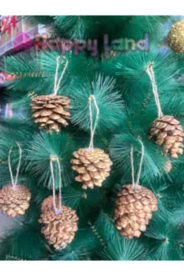 Yılbaşı Ağacı Süsü  Gold Yaldızlı Kozalak Süs 6 cm 6 Adet Kozalak