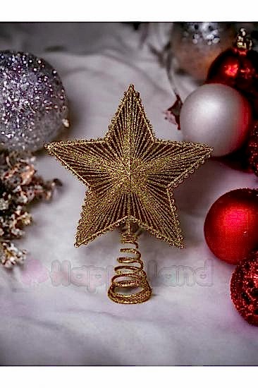 Happyland Yılbaşı Çam Ağacı Süsü Lüks Gold Yılbaşı Ağacı Tepe Yıldızı 25 Cm Ayaklı Gold Simli