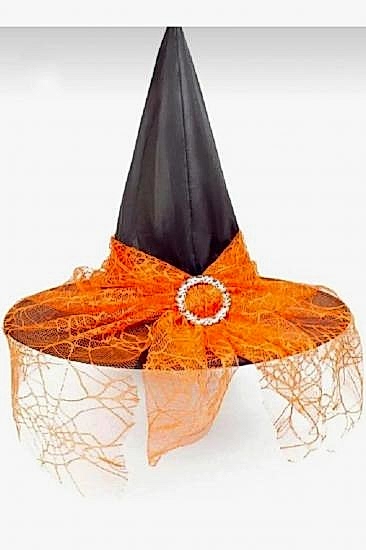 Happyland Halloween Turuncu Tüllü Cadı Şapkası Kadife Tüllü Tokalı Turuncu Siyah Model