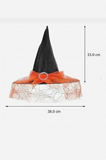 Happyland Halloween Turuncu Tüllü Cadı Şapkası Kadife Tüllü Tokalı Turuncu Siyah Model